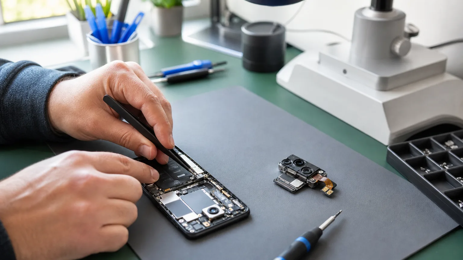 Geöffnetes Google Pixel mit ausgebautem Kameramodul auf einer Reparaturwerkbank