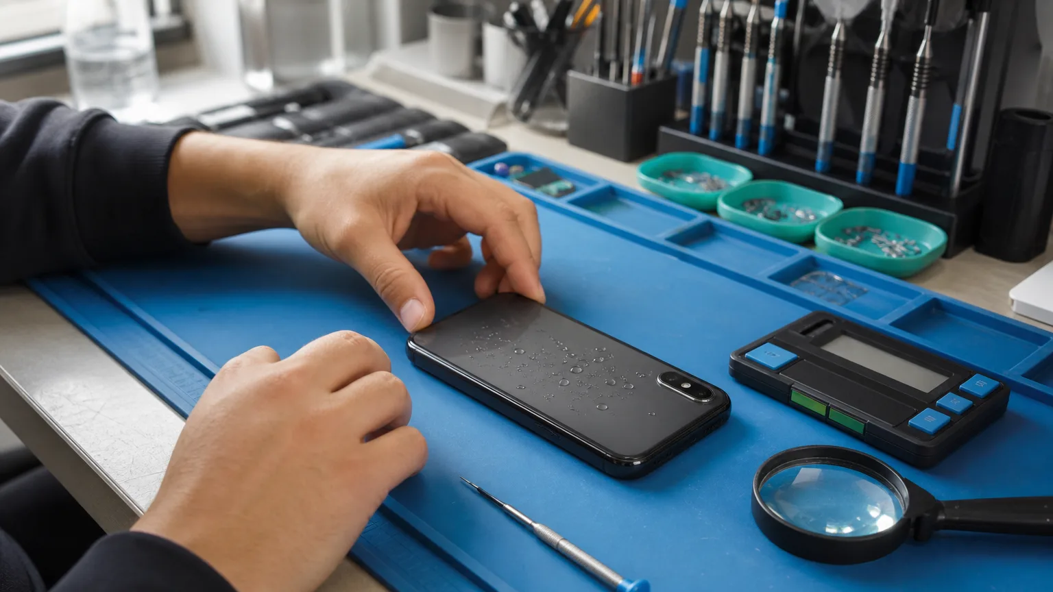 Wassergeschädigtes Smartphone auf einer Werkstattmatte bei der professionellen Diagnose