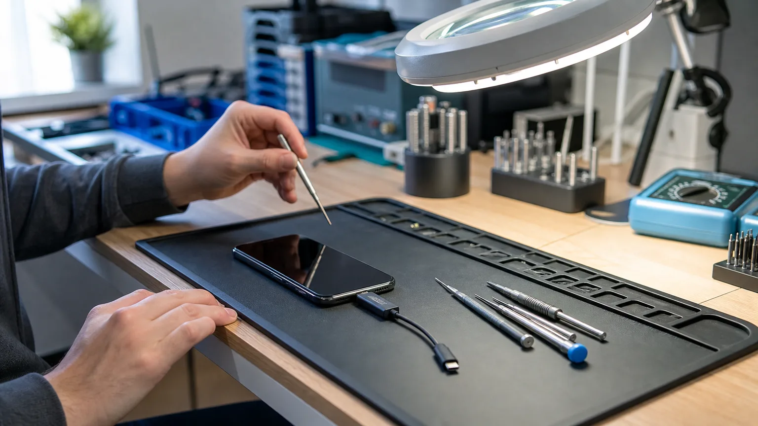 iPhone mit Startproblem auf einem Diagnoseplatz in einer modernen Reparaturwerkstatt