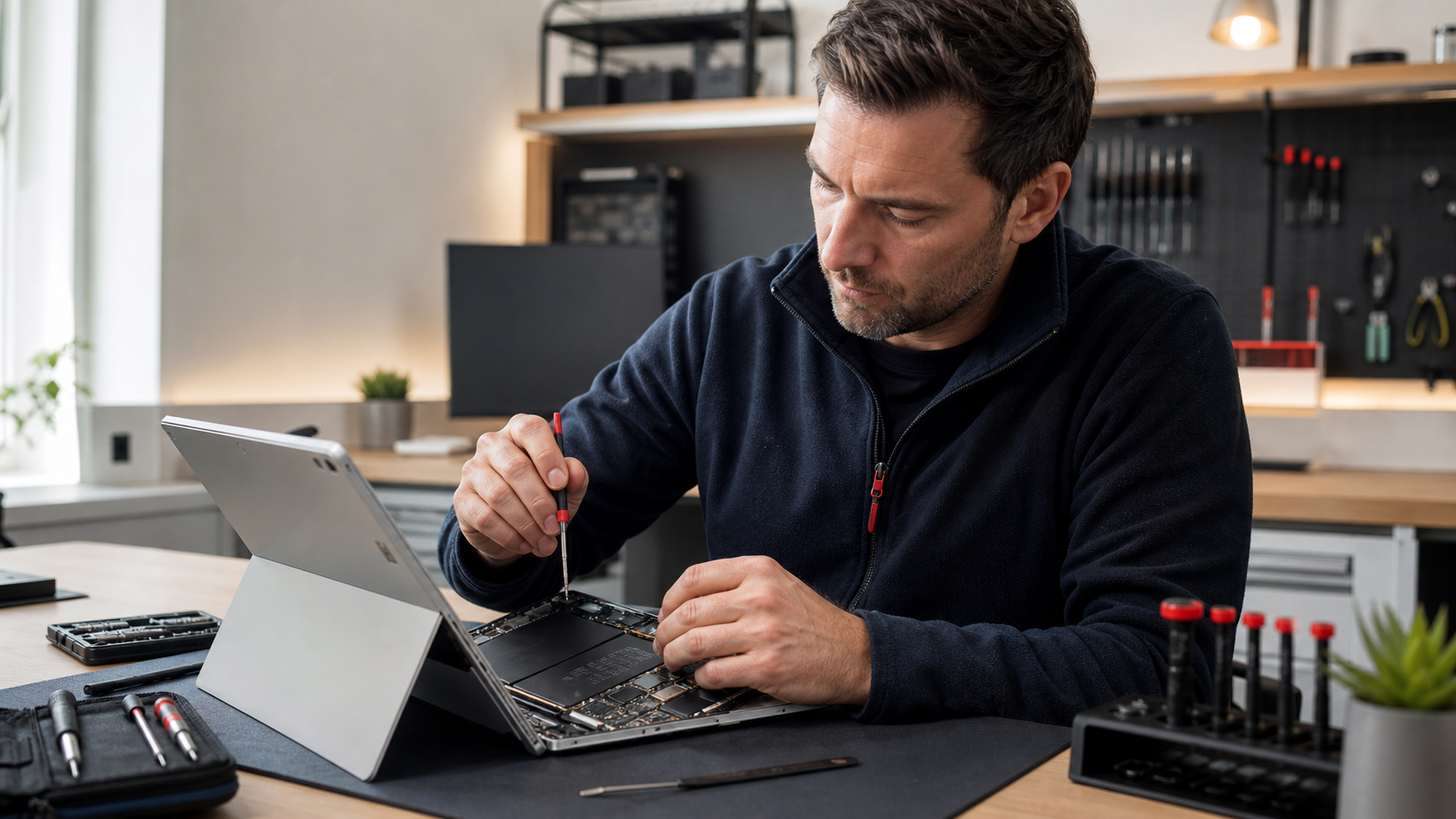 Erfahrener Techniker wechselt fachgerecht den Akku eines Microsoft Surface in einer modernen Werkstatt